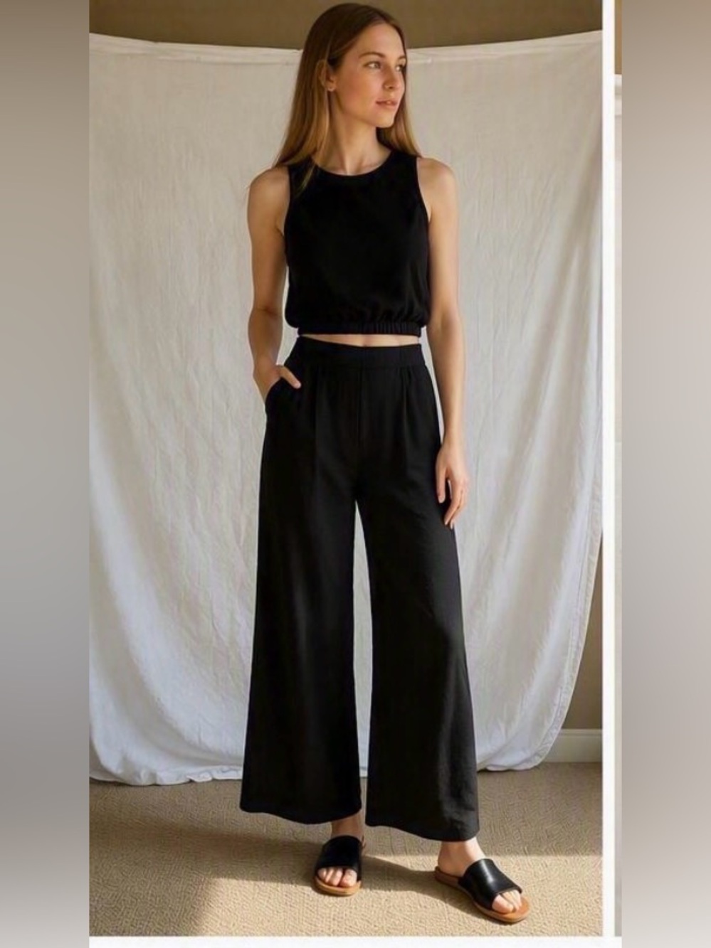 Anthropologie Paper Crane Black 2-Piece Set XS Crop Tank Wide Leg Pants